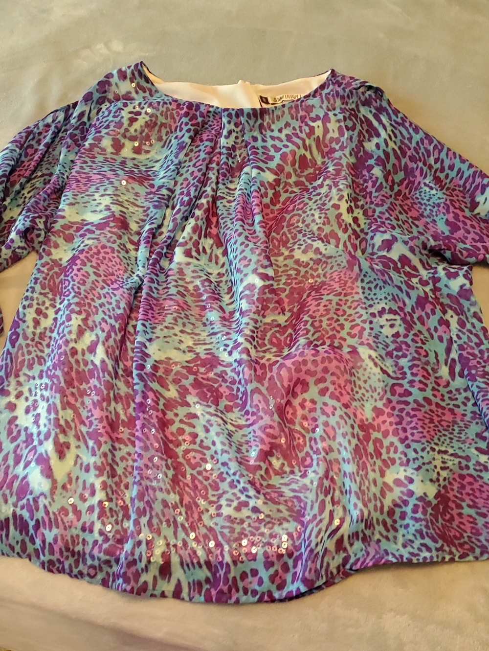 Jennifer Lopez Purple and Aqua Sequined Animal-Print Blouse